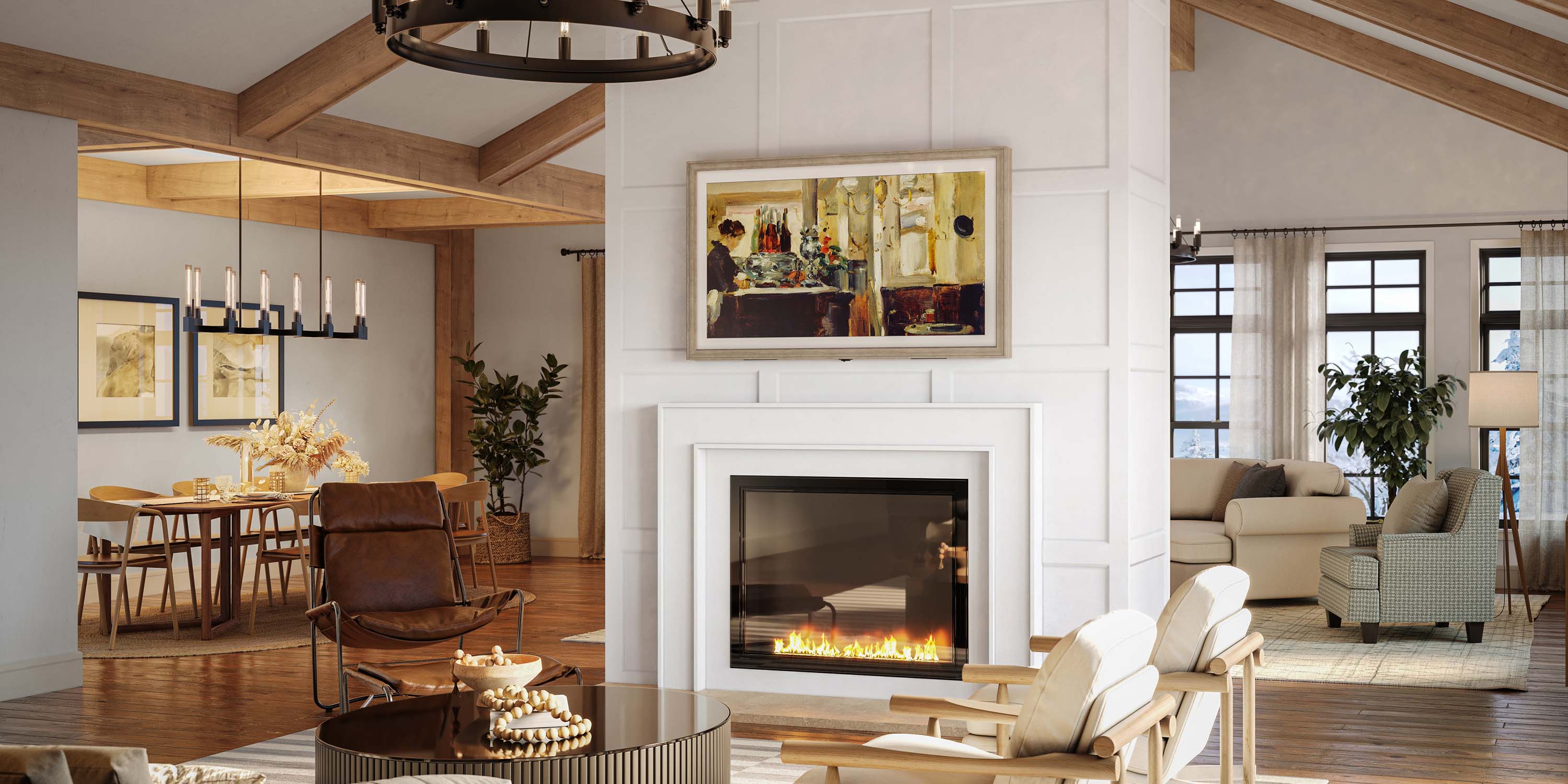 warm and modern living room with a white fireplace and lighting fixtures