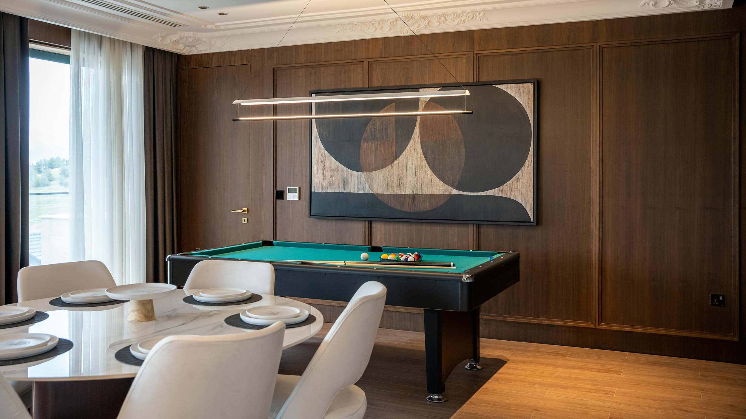 luxury modern bar and game room with LED lighting