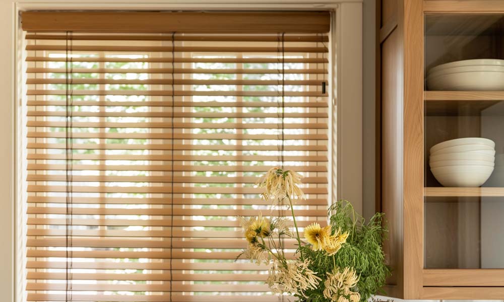 warm wooden blinds in kitchen