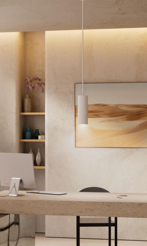 warm toned image of a home office with DMF lights