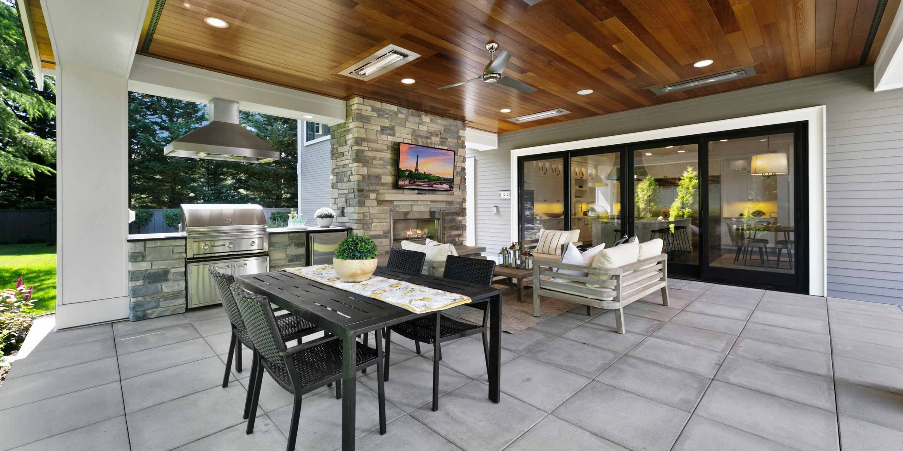 stone covered poolhouse